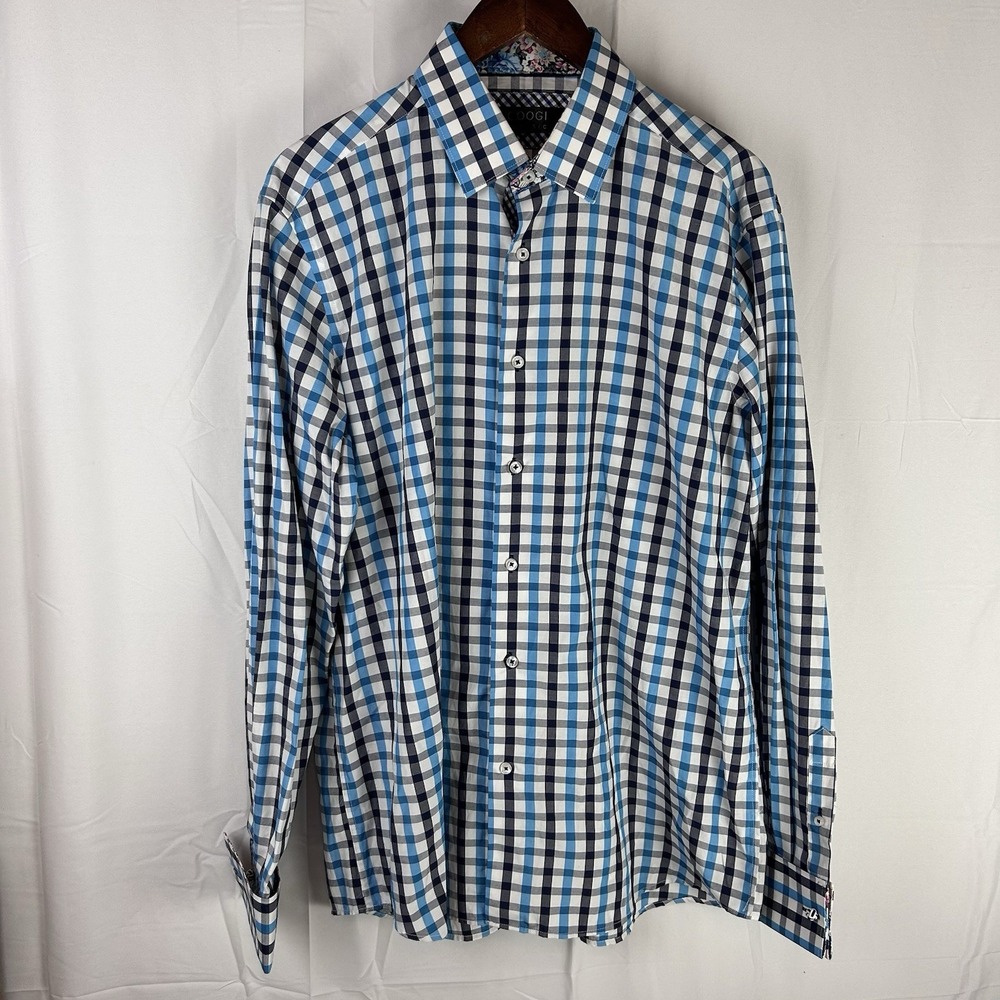 Coogi Classic‎ Dress Shirt Blue Plaid Button Up Long Sleeve Large 16.5 34/35